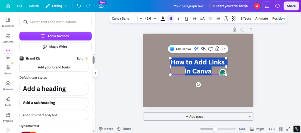 Highlight or click the text box.