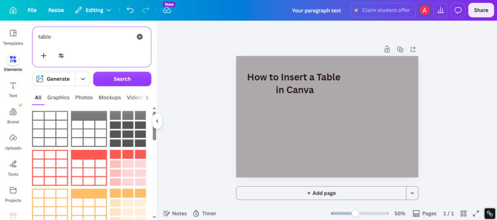 Type table in the search bar or open the table section.