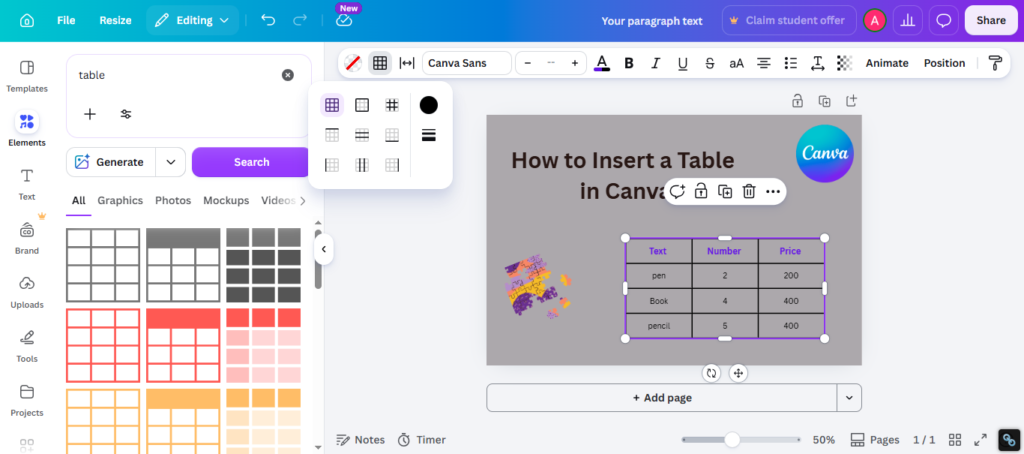 How to Insert a Table in Canva