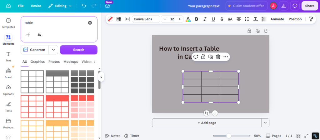 Click a table layout to place it in your design.