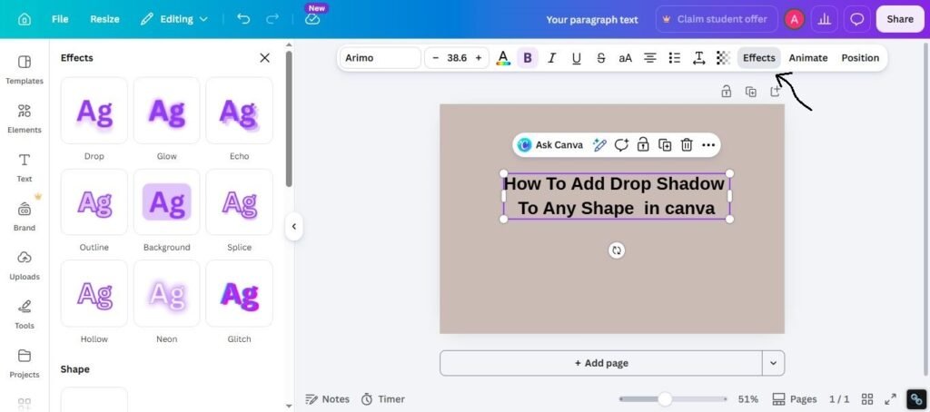 At the top toolbar, click Effects.