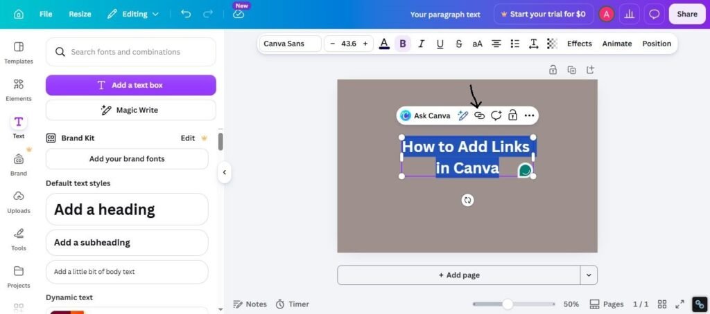 Look for the chain/link icon in the top toolbar.