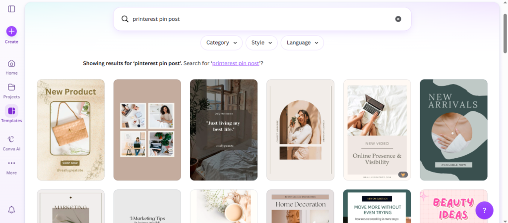 Search for Pinterest pin templates.